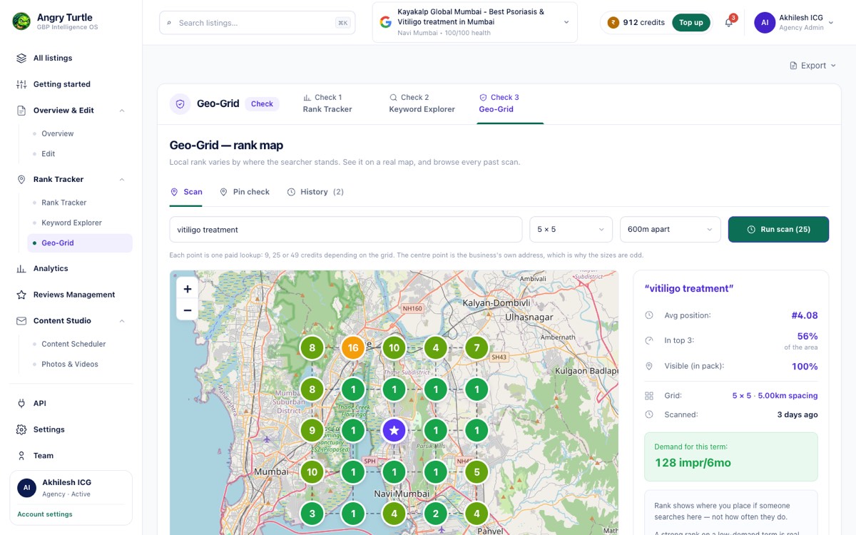 Geo-grid rank map over Delhi for 'rhinoplasty in Delhi' — average position #2.88, top-3 in 64% of the area