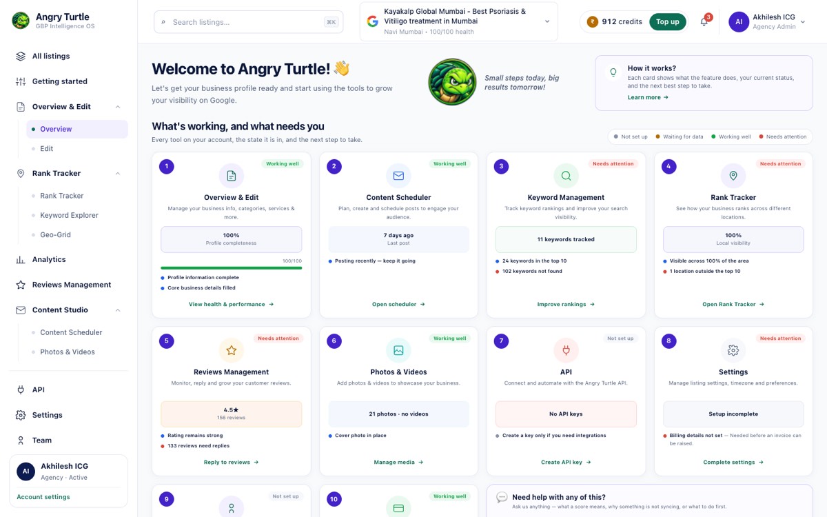 Rank OS score card showing 82/100 with Relevance, Review Health, Freshness, Entity Authority and AIO Readiness