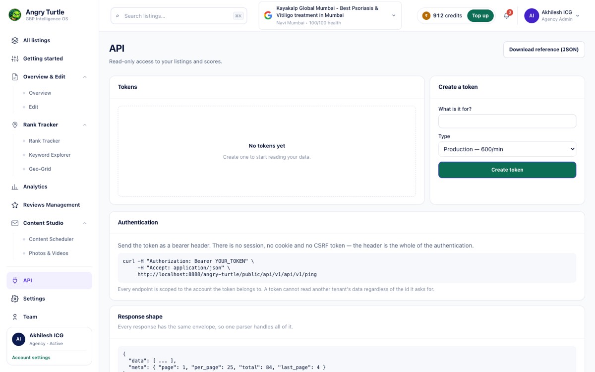 API tokens screen for issuing and revoking API credentials