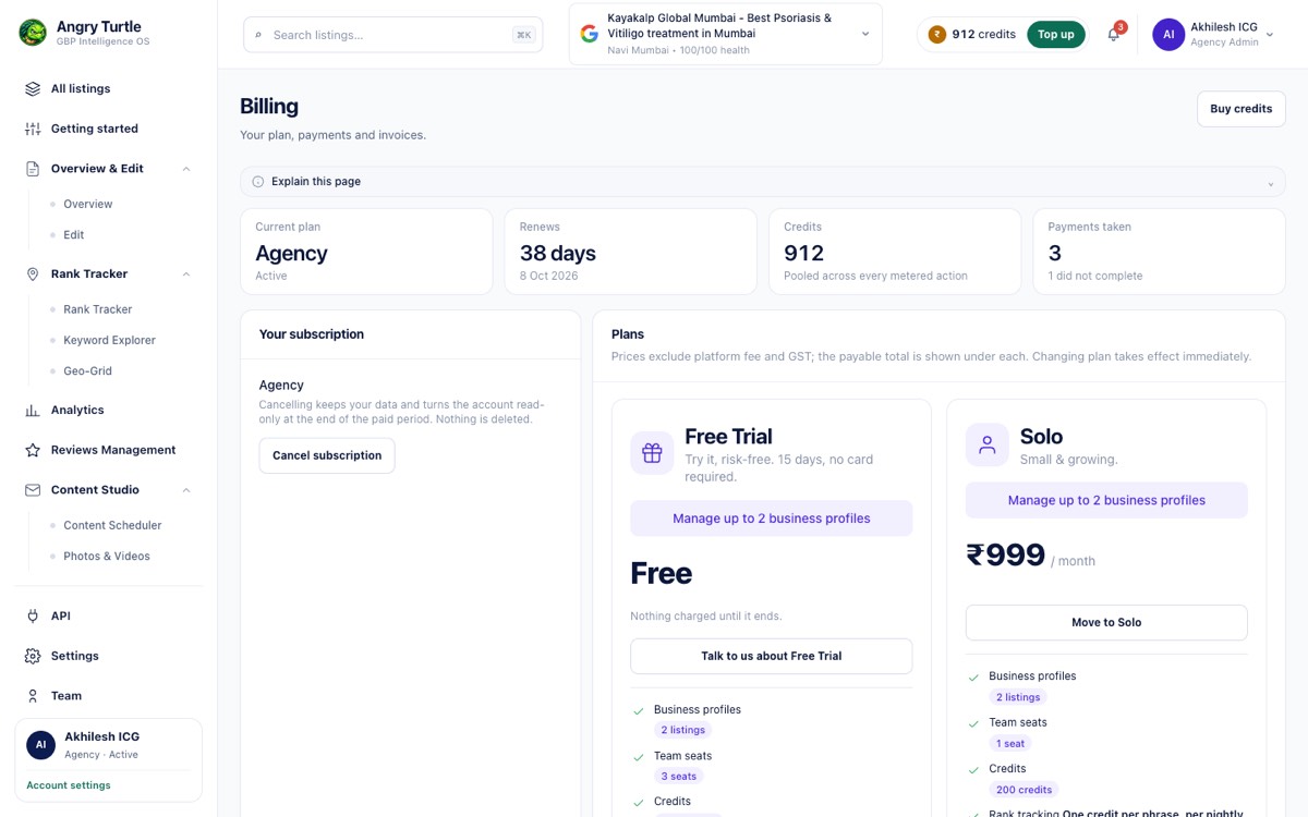 Plan and payments screen showing current subscription and billing history