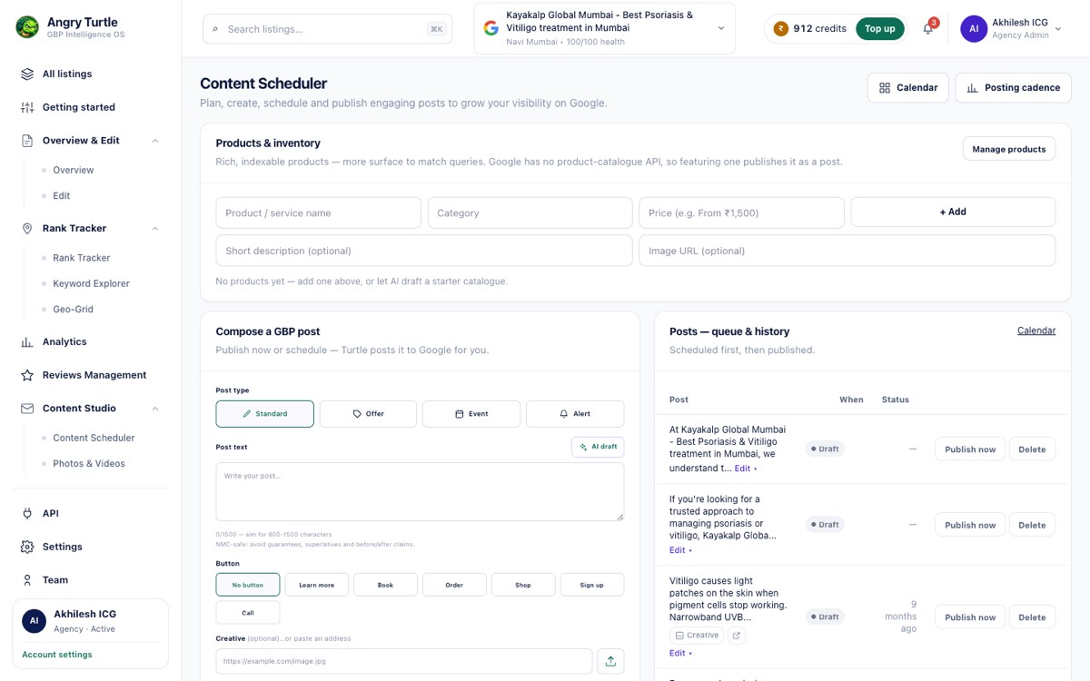 Posts queue showing published, pending and failed Google posts