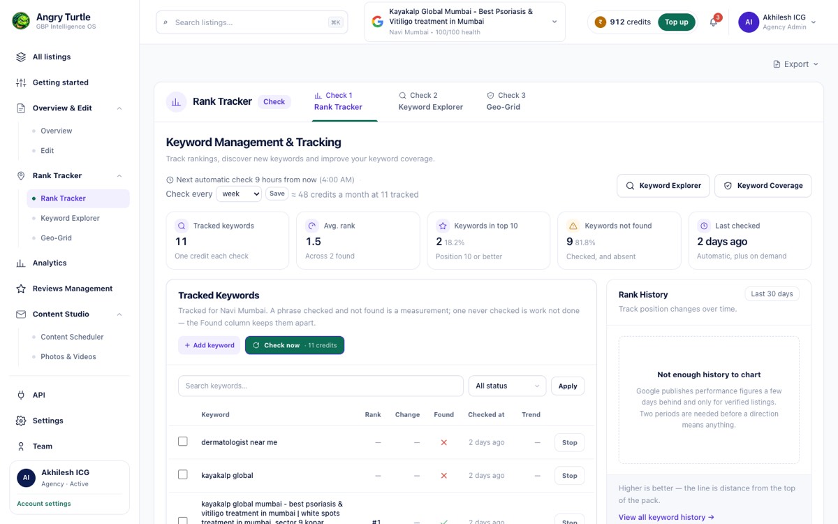 Rank Tracker showing tracked keywords with rank, change, found status and check history