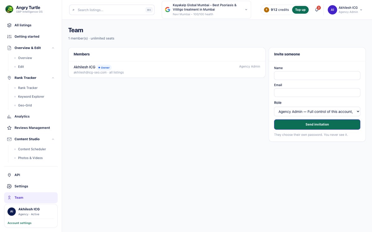 Team management screen showing users and their roles